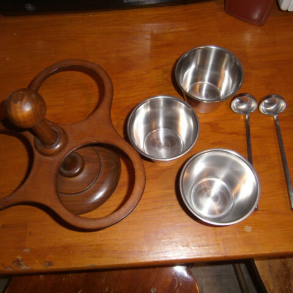 Mid-century Wood & Stainless Steel Condiment Dish 3sections & 3 spoons - Picture 6 of 8